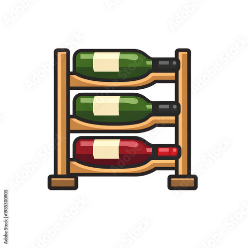 A pixel art illustration of a wooden wine rack containing two green bottles and one red bottle