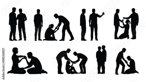 Silhouette illustrations depicting people offering support comfort and assistance to others in need high quality professional