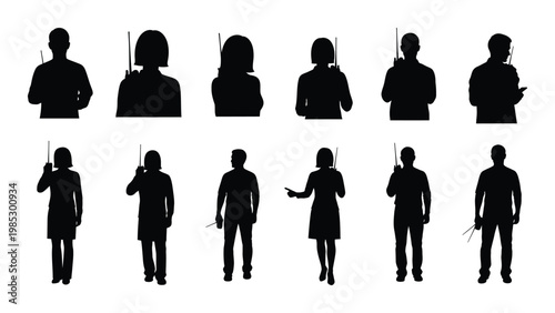 Silhouettes of twelve people primarily women holding various objects like wands or sticks high quality professional
