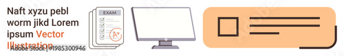 Digital education, online testing, e-learning tools, tech-driven exams, distance learning, educational interfaces. Document, computer monitor and text box illustration. Digital education and online