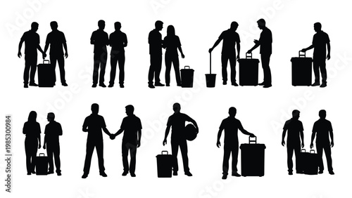A collection of black silhouette figures depicting people with luggage and various poses high quality professional