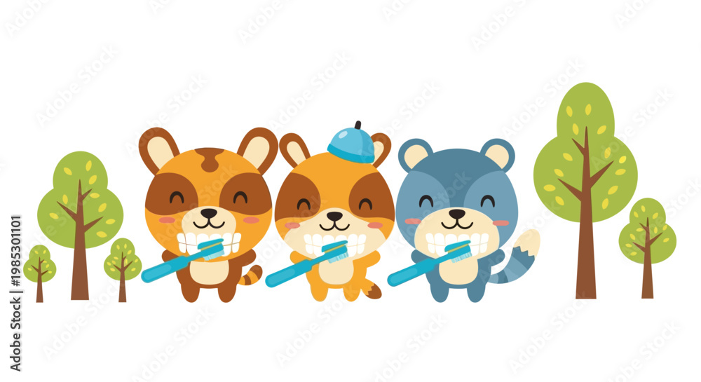 Fototapeta premium Three cute cartoon animals brushing teeth together in a kids hygiene education concept with bright colors and simple trees decoration against a white background.