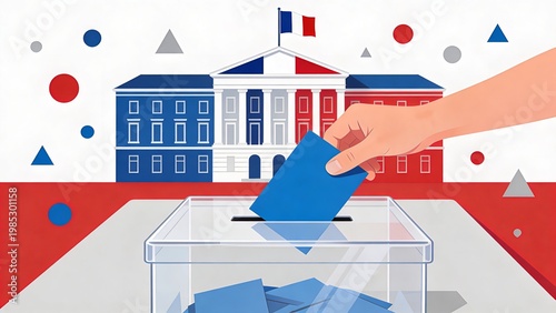 is a stylized, vector illustration with a political theme. It features a hand, with a light skin tone, placing a blue ballot into a transparent ballot box on a table. The background includes a simplif