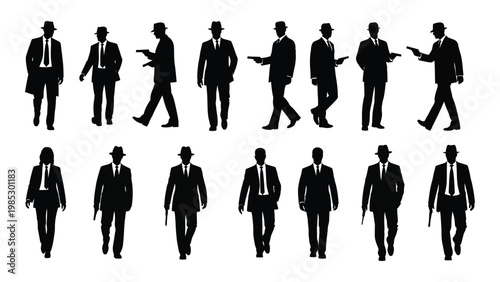 A collection of silhouetted figures depicting men in suits some holding weapons walking forward high quality