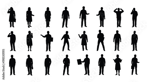 A collection of twenty six black silhouettes depicting diverse people in various standing poses and business attire