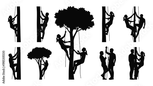 Silhouettes of people climbing trees and interacting with nature in a minimalist style high quality professional