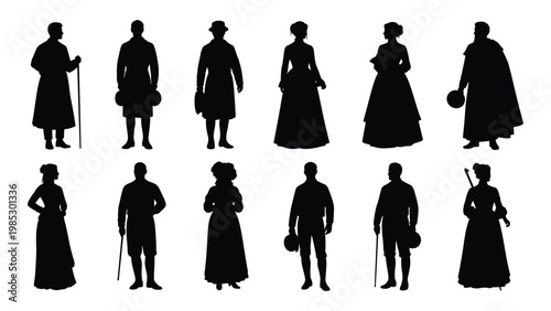 A collection of black silhouettes depicting people in vintage clothing likely from the victorian era