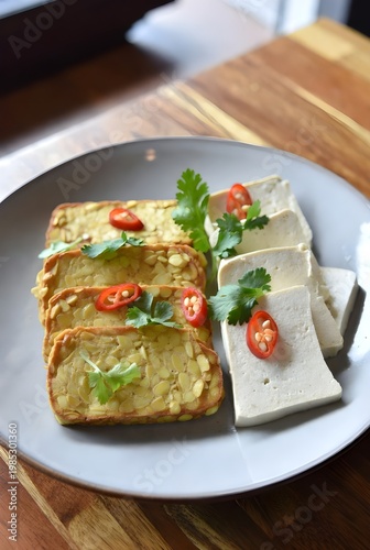 Healthy Sliced Tempeh and Tofu with Fresh Chili Garnish on Plate