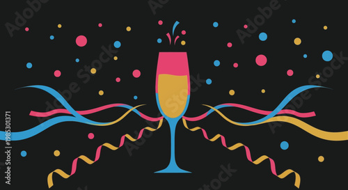 Champagne glass with colorful confetti and streamers festive celebration concept for New Years Eve or birthday party flat vector illustration on black background