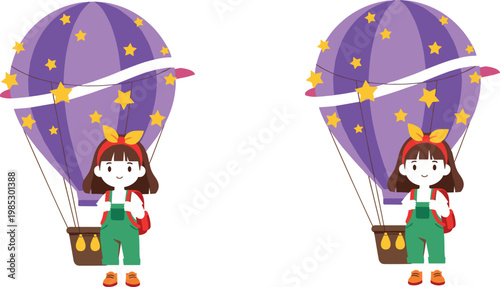 Cute girl with backpack standing near hot air balloon with stars, travel adventure and childhood imagination concept vector illustration isolated