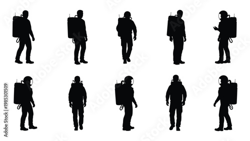 A collection of nine black silhouette figures depict astronauts walking in various poses against a white background