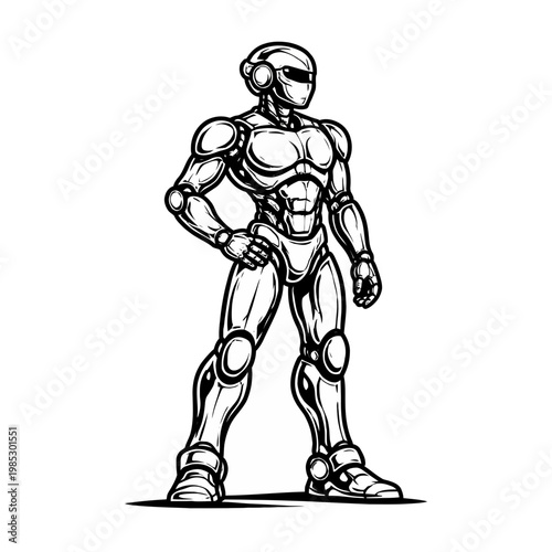 Striking black and white illustration of a powerful, futuristic robot character, embodying advanced technology and science fiction themes for modern design concepts