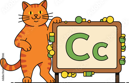 Cute cat teaching alphabet letter C on classroom board, early education concept for kids learning letters vector illustration isolated