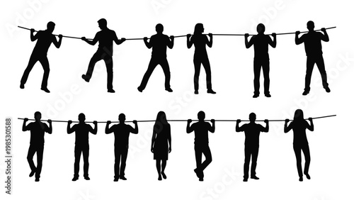 Silhouettes of people participating in a tug of war demonstrating teamwork and competition high quality professional