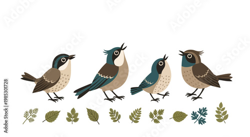 Cute cartoon birds singing with leaves, vector illustration