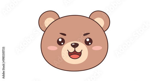 Cute cartoon brown bear face, happy expression, kawaii style, isolated on white background.
