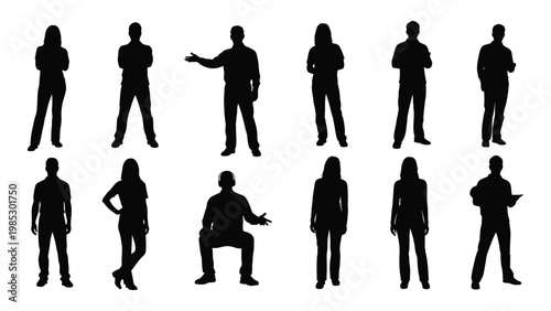 A collection of black silhouettes depicting diverse people in various standing and posing positions high quality