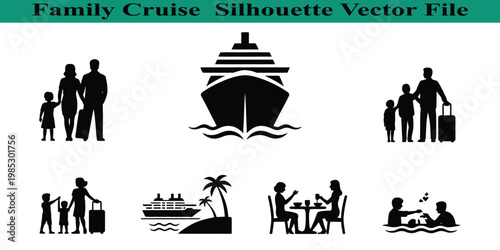 Family cruise silhouettes with people and cruise ship icons