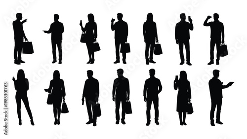 A collection of silhouette figures mostly depicting people carrying shopping bags and using phones high quality