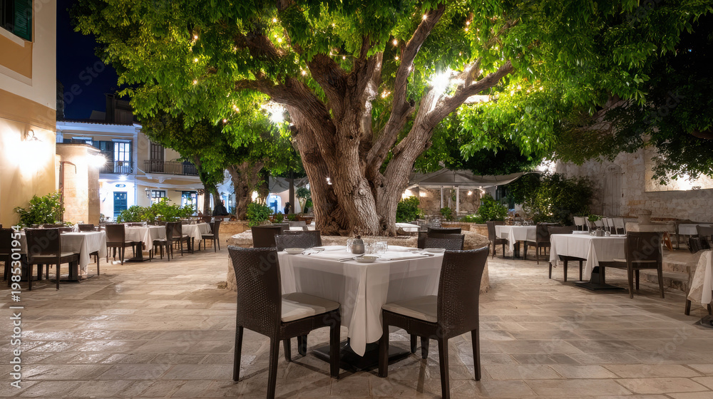 Fototapeta premium An Elegant Outdoor Dining Area, Offering Serenity under the Trees