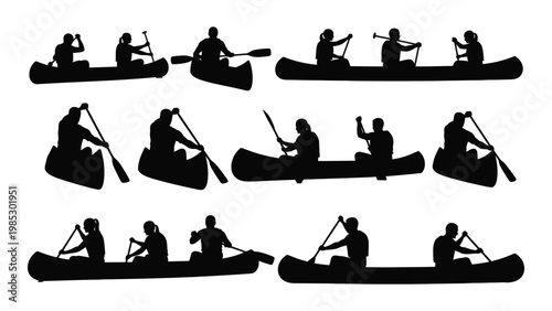 A collection of black silhouette figures paddling canoes across a calm unseen body of water