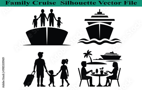 Family cruise vacation silhouette vector graphics for travel and tourism