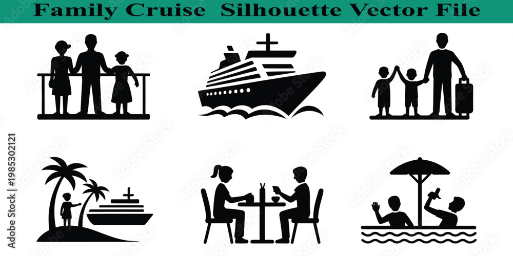 Fototapeta premium Family cruise vacation travel silhouette vector icons set