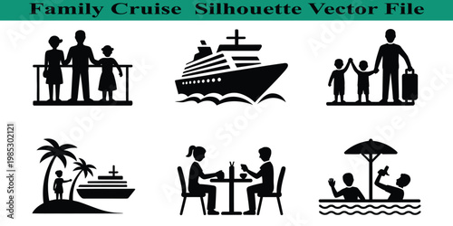 Family cruise vacation travel silhouette vector icons set