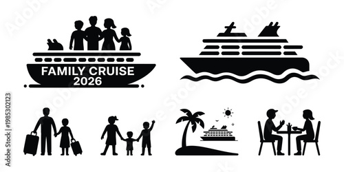 Family cruise vacation travel holiday silhouette icons with people and ship