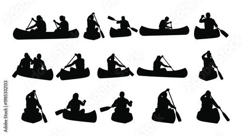 A collection of black silhouette images illustrating people canoeing and paddling in various positions high quality