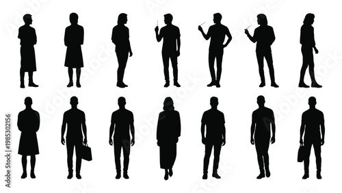 Silhouettes of diverse people in various poses standing against a plain white background high quality professional