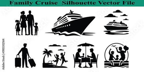 Family cruise vacation travel silhouette vector illustrations set  holiday trip icons