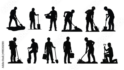 A collection of silhouettes depicting workers engaged in various manual labor tasks with tools high quality