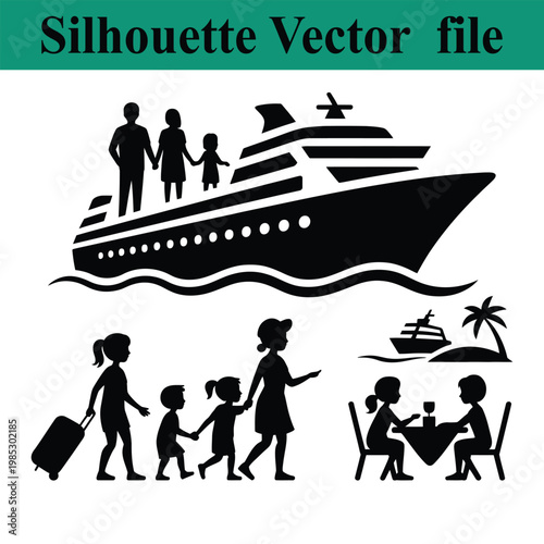 Family vacation cruise ship silhouettes with people on holiday travel and tourism activities