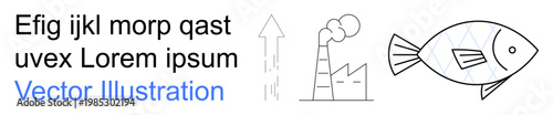 Environmental awareness, industrial pollution, ecosystem degradation, sustainability, climate change, wildlife conservation. A factory releasing smoke and a fish outline. Industrial pollution