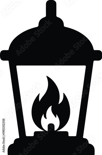Silhouette of a vintage oil lantern with burning fire flame vector design