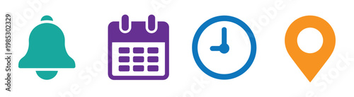 date time location notification icon set representing calendar schedule clock time address and alert notification symbols for digital UI design. 