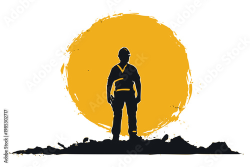 International Labour day ,Construction worker silhouette against circular yellow sun background, minimal industrial landscape and workforce concept illustration