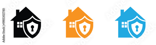 Residential security icon with house outline and protective shield. Simple black house icon with shield emblem a stark silhouette. House shield icon security home protection Vector illustration. 