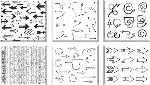 Comprehensive Set of Hand Drawn Black Sketched Arrows Featuring Geometric Shapes Gritty Textures Curly Spirals and Seamless Pattern Backgrounds for 