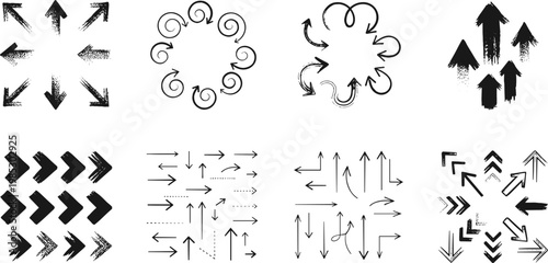 Collection of Hand Drawn Black Sketched Arrows with Grungy Textures Curly Spirals and Bold Directional Shapes for Creative Infographic Design Elements Decorative Vector Navigation Illustration Assets