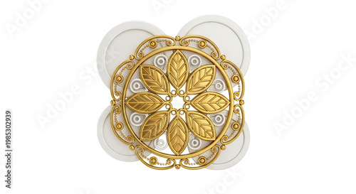 Ornate Gold Leaf Mandala Design on White Background