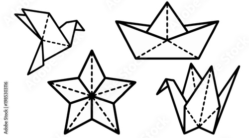 Minimalist vector illustration featuring several folded origami paper shapes including a boat a bird a star and a crane figure