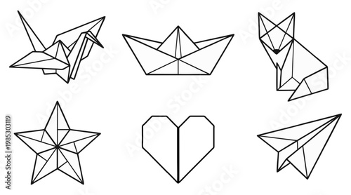 A charming collection of six intricate black and white origami vector illustrations featuring various symbolic paper folded designs.