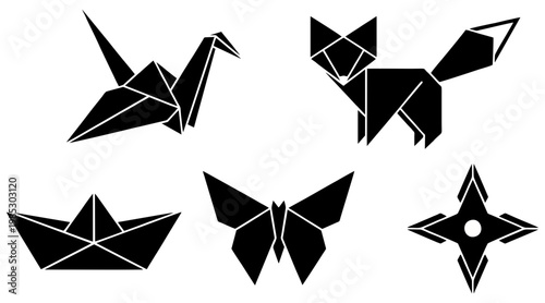 Minimalist vector illustration featuring several black origami paper figures including a crane a fox a boat a butterfly and star