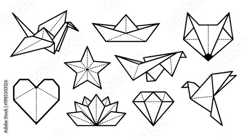 Collection of diverse origami paper figures presented as a black and white vector graphic design set for creative artistic projects