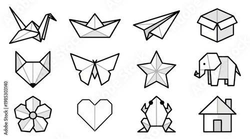 Minimalist vector graphic set displaying twelve diverse paper origami shapes featuring animals and various geometric objects for creative design projects