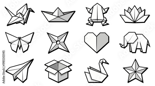 Twelve diverse origami paper folding figures arranged as a vector graphic set showing animals and shapes for creative art projects