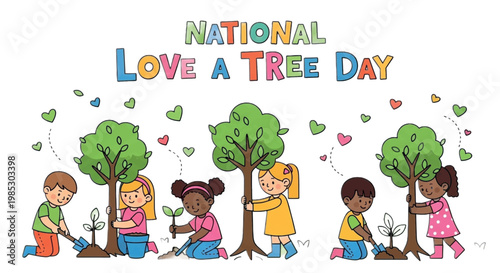 Tree planting kids, National Love a Tree Day, children with trees, eco friendly, green