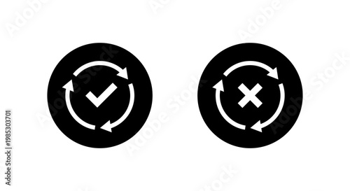 Refresh arrow with check and cross icon. Reload status symbol in black circle